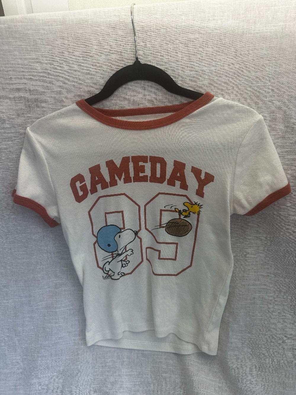Peanuts Snoopy Woodstock Gameday 89 Crop Top Tee Small White Ringer Shirt